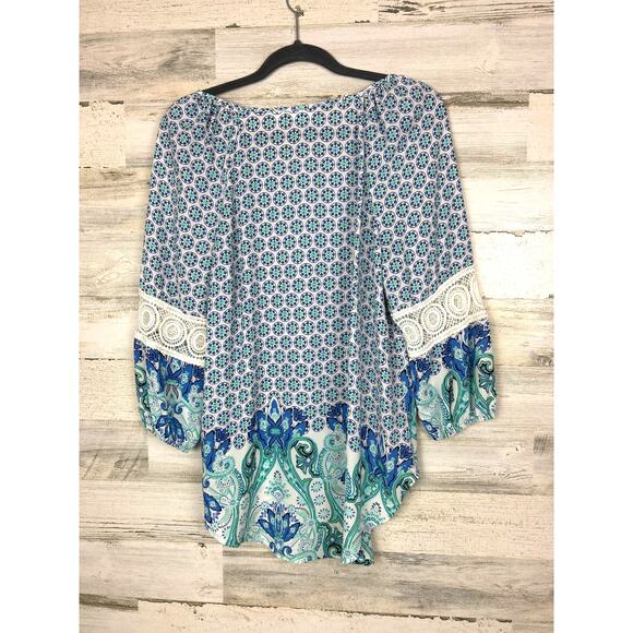 Cato Women’s M Blue White Lace Lightweight Long Sleeve Boho Blouse Top - Picture 2 of 6